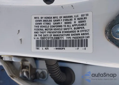 2020 Honda Civic Ex-L из США, поврежденный, VIN 19XFC1F72LE008771